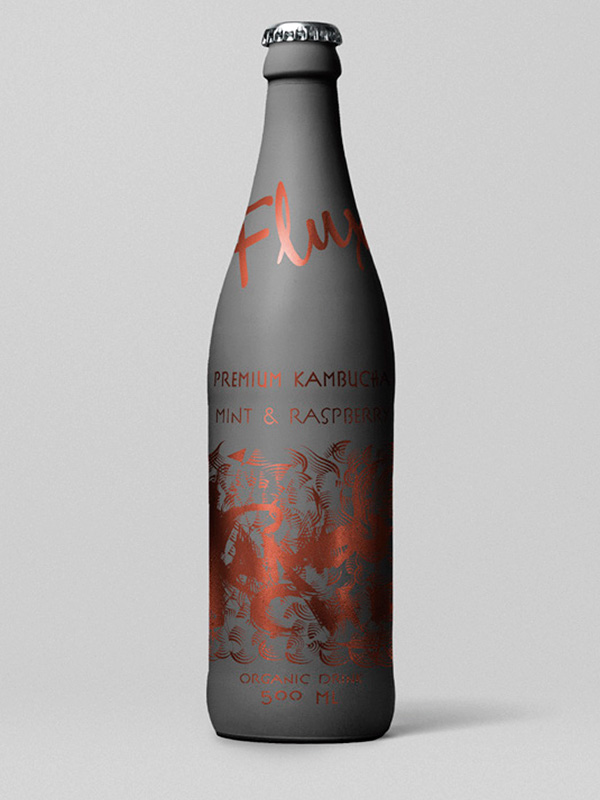 Flux Kombucha Premium — Botella mate con foil cobre